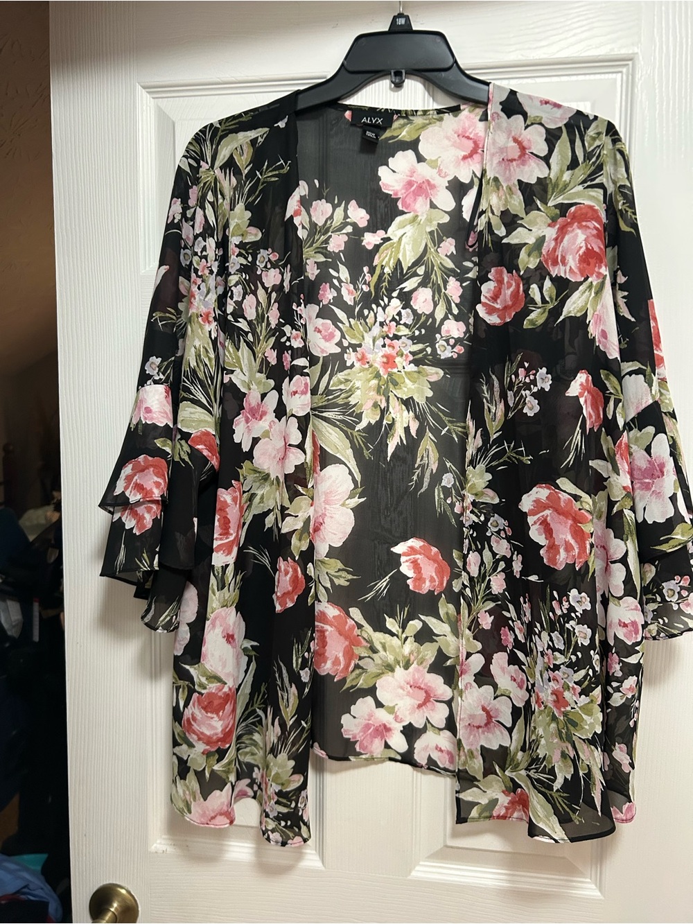 Alyx Black Sheer Floral Kimono Jacket with Pink Blooms